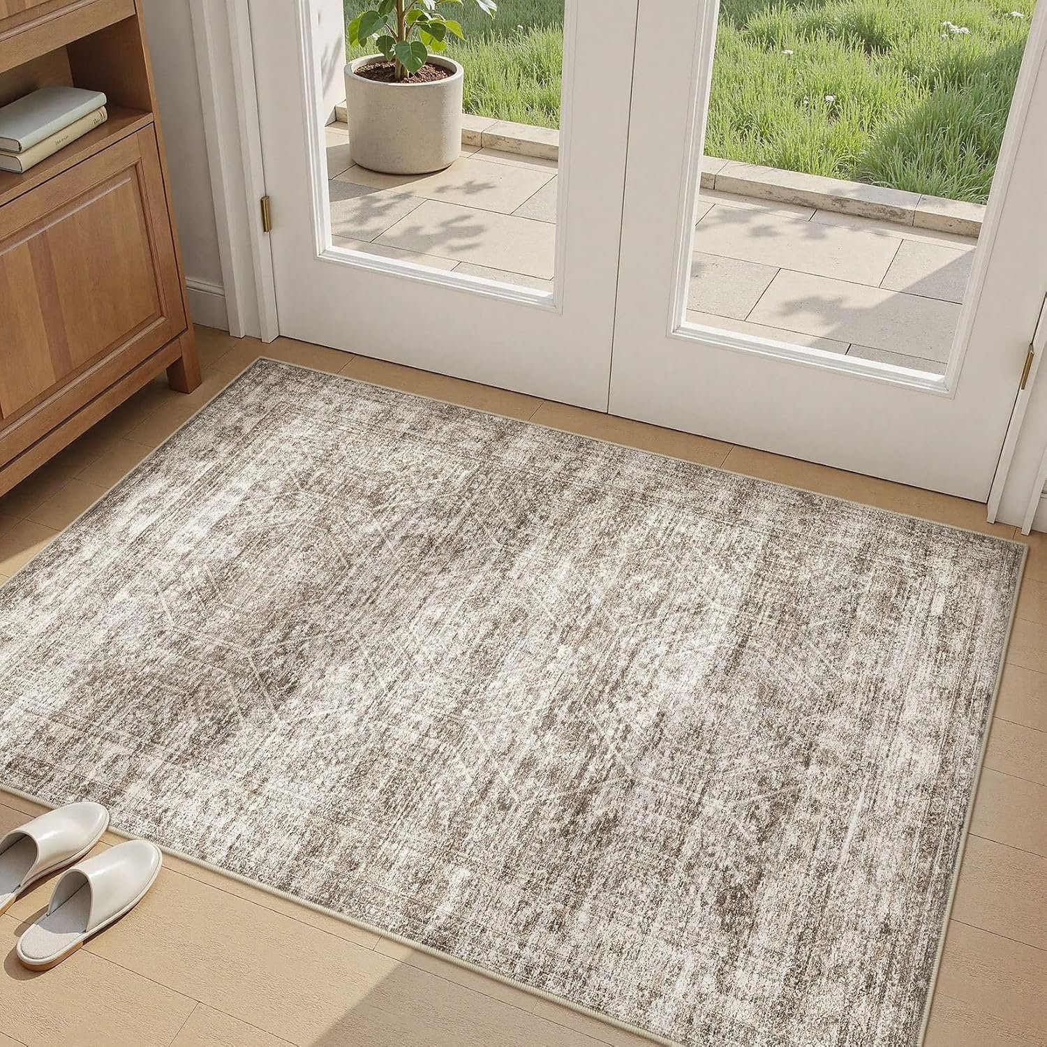 cotiled Area Rug 3×5 Living Room, Washable Abstract Distressed Non Slip | Stain Resistant, Pet Friendly, Large Neutral Soft Indoor Carpet For Bedroom, Nursery, Office Dark Brown