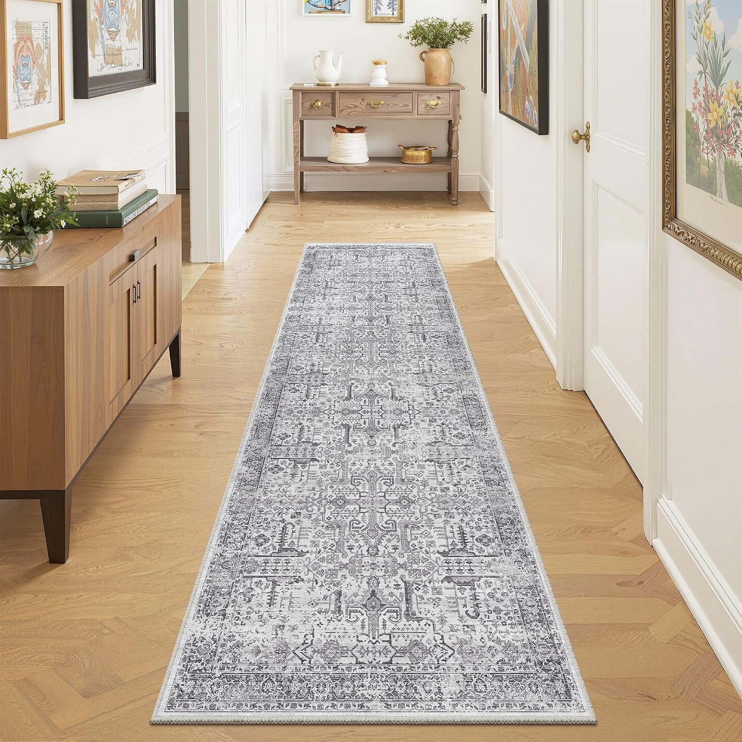 Washable 2×8 Runner Rug – Non Slip Vintage Kitchen Runner Rugs Low-Pile Distressed Long Rugs for Hallway Waterproof Indoor Carpet for Living Room Bedroom Entryway 2’x8′ Grey