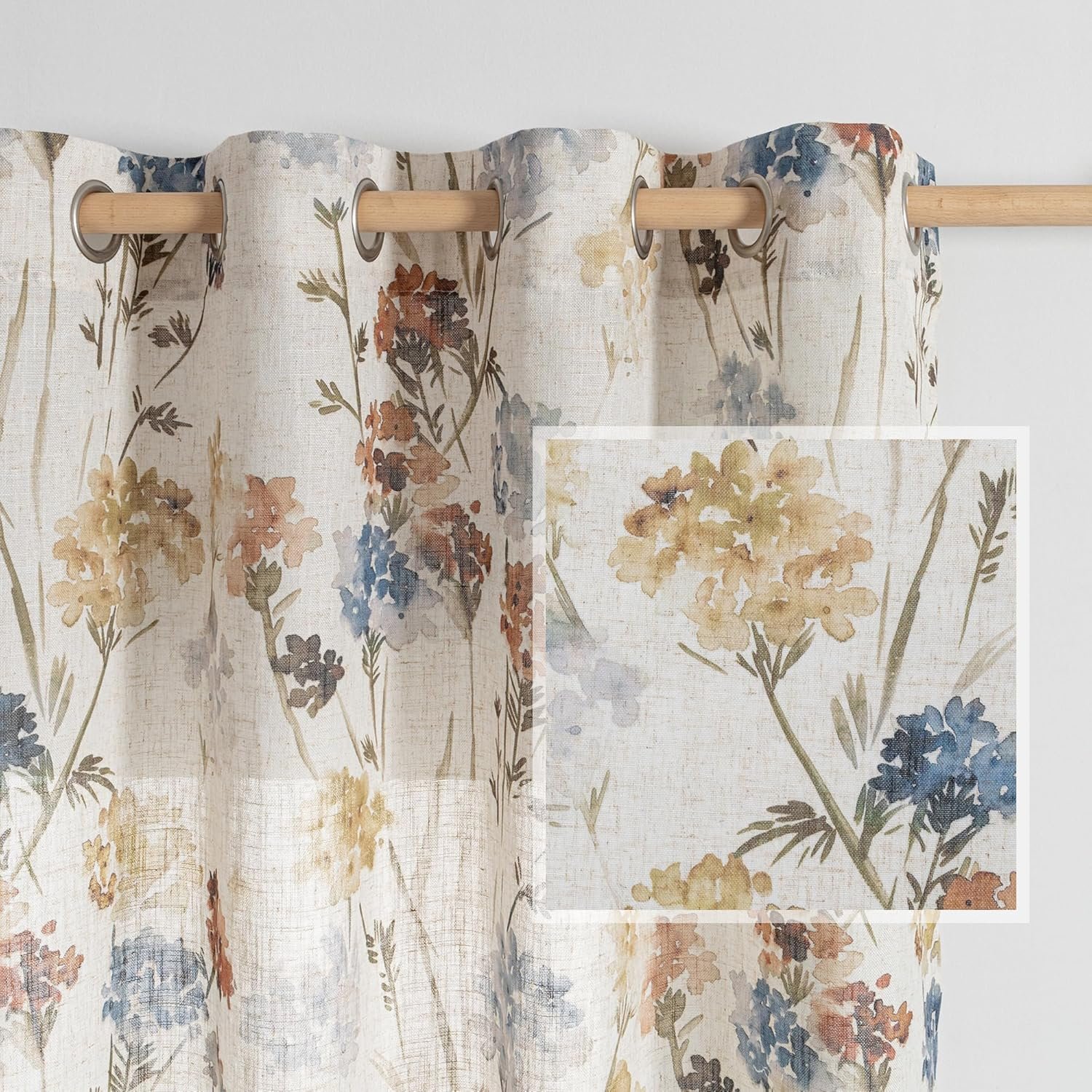 MYSKY HOME Floral Linen Curtains 84 inch Length 2 Panels Set Summer Flower Patterned Semi Sheer Light Filtering Privacy Farmhouse Grommet Drapes for Living/Dining Room, Yellow, W52 x L84, Pack-2