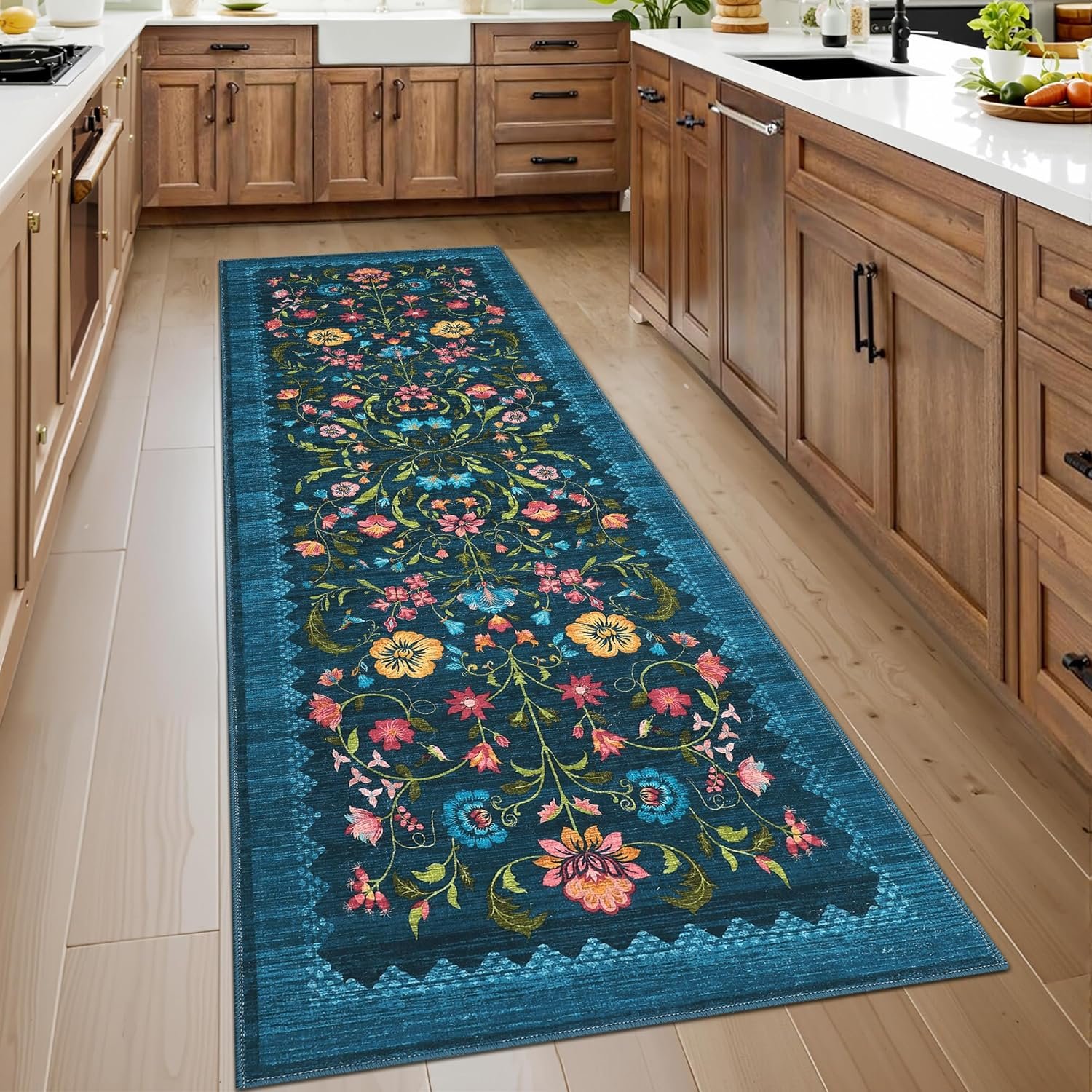 GarveeHome Floral Rug 2×6 Runners for Hallways, Boho Kitchen Runner Rugs Non Slip Bath Runners, Vintage Washable Runner Rug for Bedroom, Soft Long Rugs for Entryway Bathroom Laundry Dorm, Blue