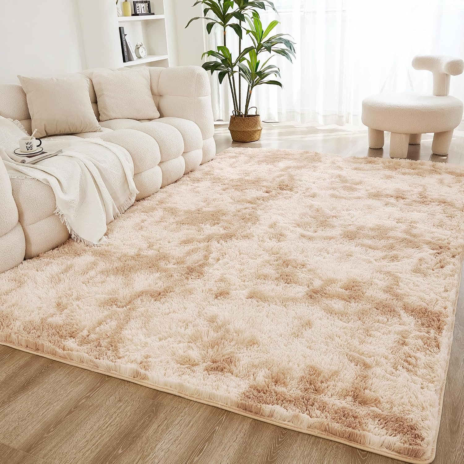 Litanika 8×10 Shag Area Rug for Living Room Bedroom, Tie-Dyed Beige High Pile Soft Plush Shaggy Furry Cream Bedside Playroom Dorm Carpet, Non-Slip, Non-Shedding Modern Indoor Floor Rug