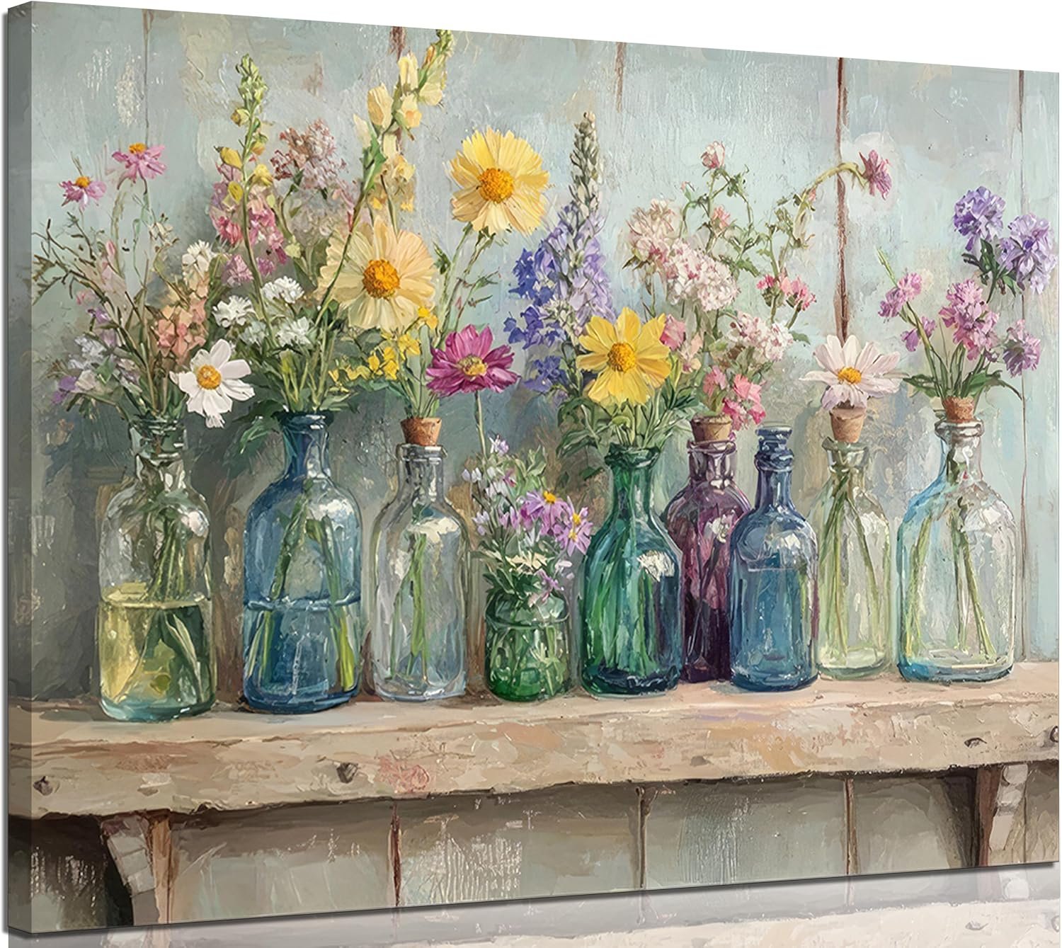 Farmhouse Flower Canvas Wall Art Wildflowers Bottles Wall Decor Rustic Plants Flowers Poster Print Artwork for Bathroom Living Room Bedroom Study Room Home Decoration