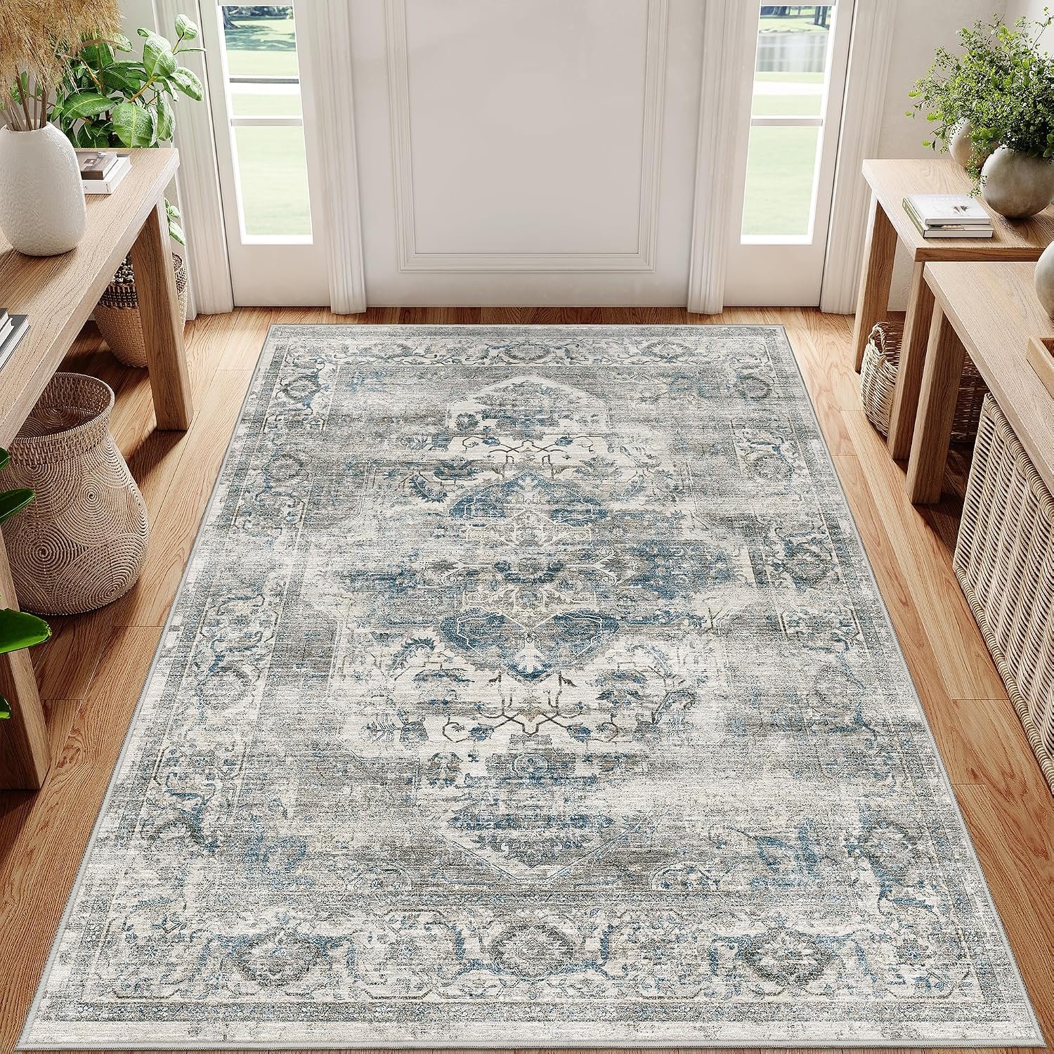 3×5 Washable Area Rug – Non-Slip Ultra Thin Rug for Entryway Stain Resistant Indoor Doormat for Living Room Vintage Watreproof Carpet for Bedroom Kitchen Laundry (Blue/Grey,3’x5′)