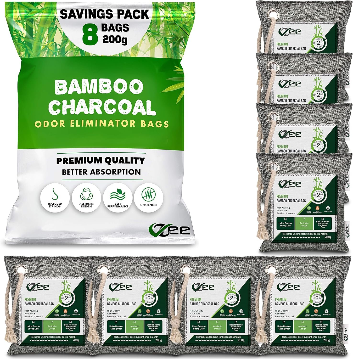 8 XL Bags x 200g Bamboo Charcoal Odor Absorber (1,600g Total),Activated Charcoal Air Purifying Bag, Odor Eliminator for Home, Basement, Smoke, Mothball, Pet, Car, Closet, Shoes
