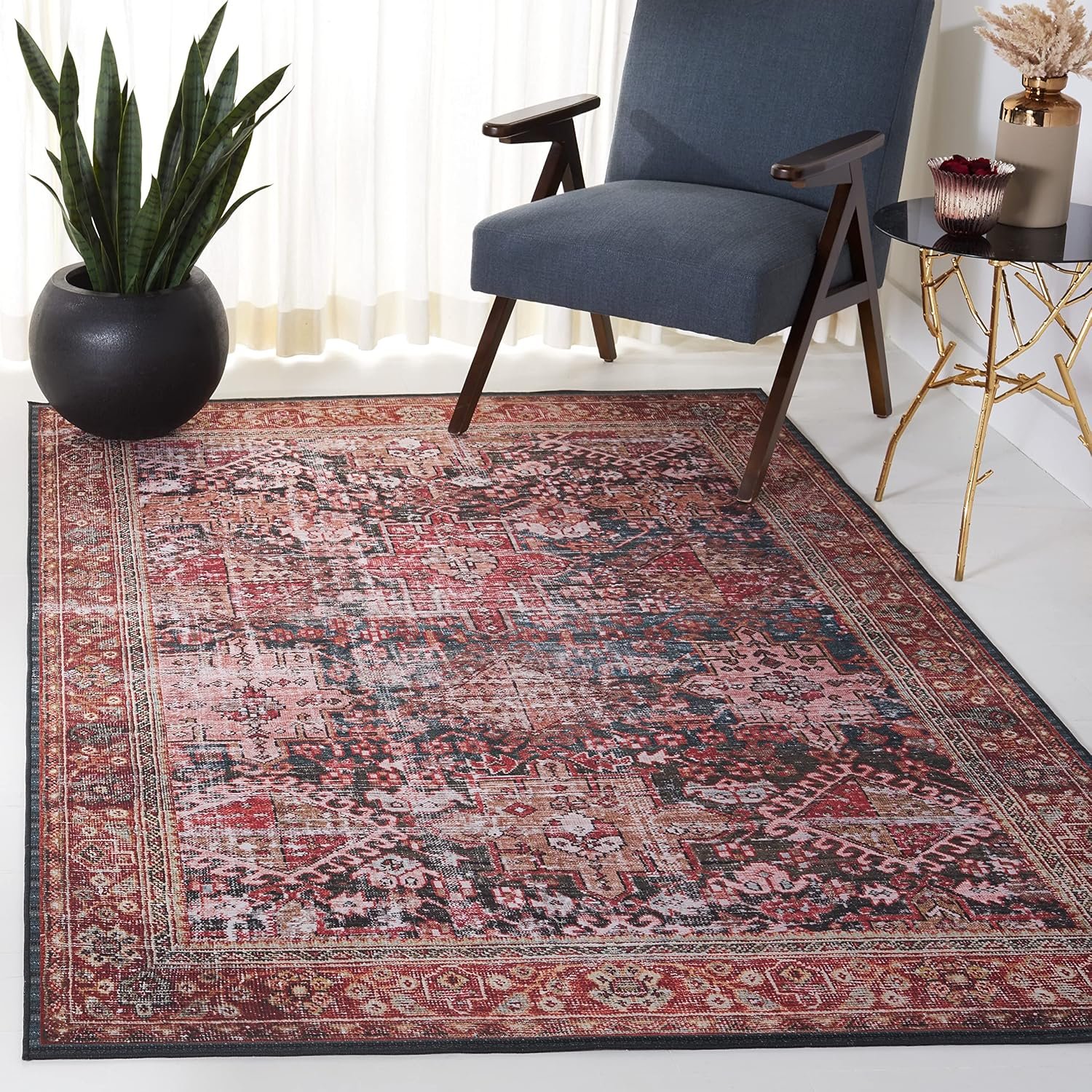 SAFAVIEH Washable Rug Tucson Collection – 3′ x 5′, Rust & Green, Slip Resistant & Easy to Clean, Ideal for Foyer, Entryway, Kitchen, Bedroom (TSN114P)