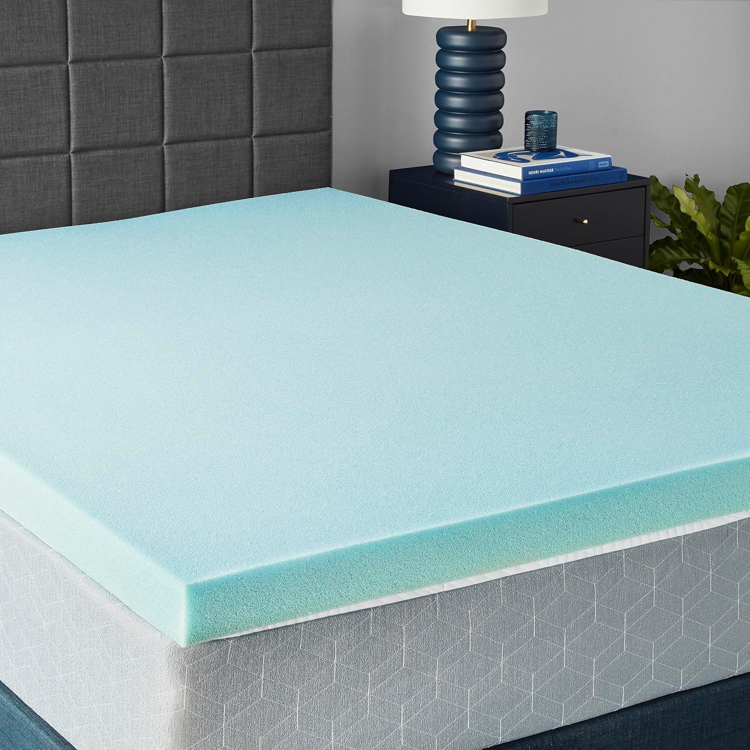 Amazon Basics Cooling Gel-Infused Memory Foam Mattress Topper for Better Sleep Support, CertiPUR-US Certified, 3 inches, Queen, Blue