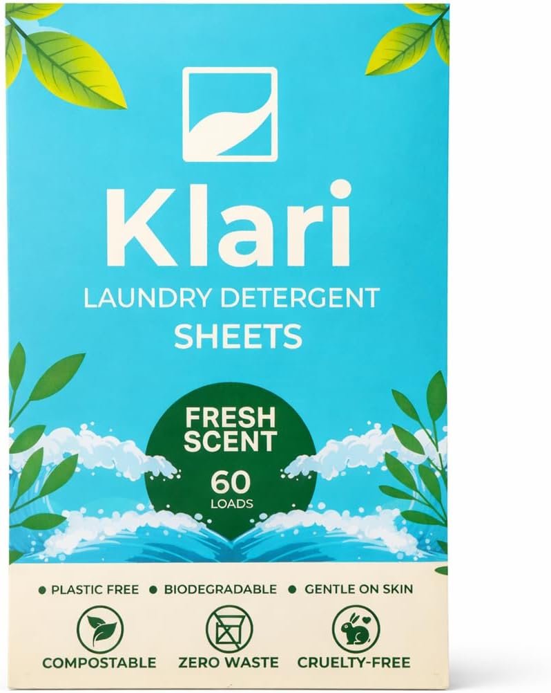 Klari Laundry Detergent Sheets, Fresh Scent, 60 Load Count – Eco-friendly, liquidless concentrated detergent sheets, zero plastic waste, gentle on sensitive skin, made in Sweden