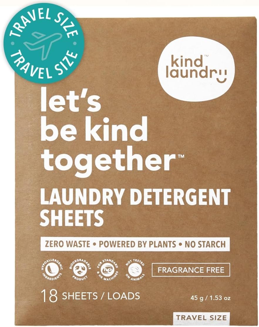 Kind Laundry Detergent Sheets, Fragrance Free, Travel Size, 18 Loads | EWG Verified, Plastic-Free Eco Laundry Soap, No Residue, Non-Toxic, Travel & Dorm Friendly