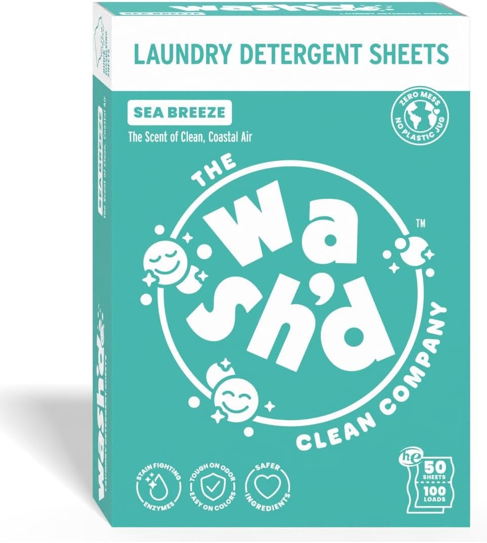 Wash’d Laundry Detergent Sheets | 3 Stain-Fighting Enzymes | Non-Toxic | Works in All Washers – Plastic-Free & Recyclable – Travel Friendly – Strong as Liquids & Pods – Sensitive Skin Safe