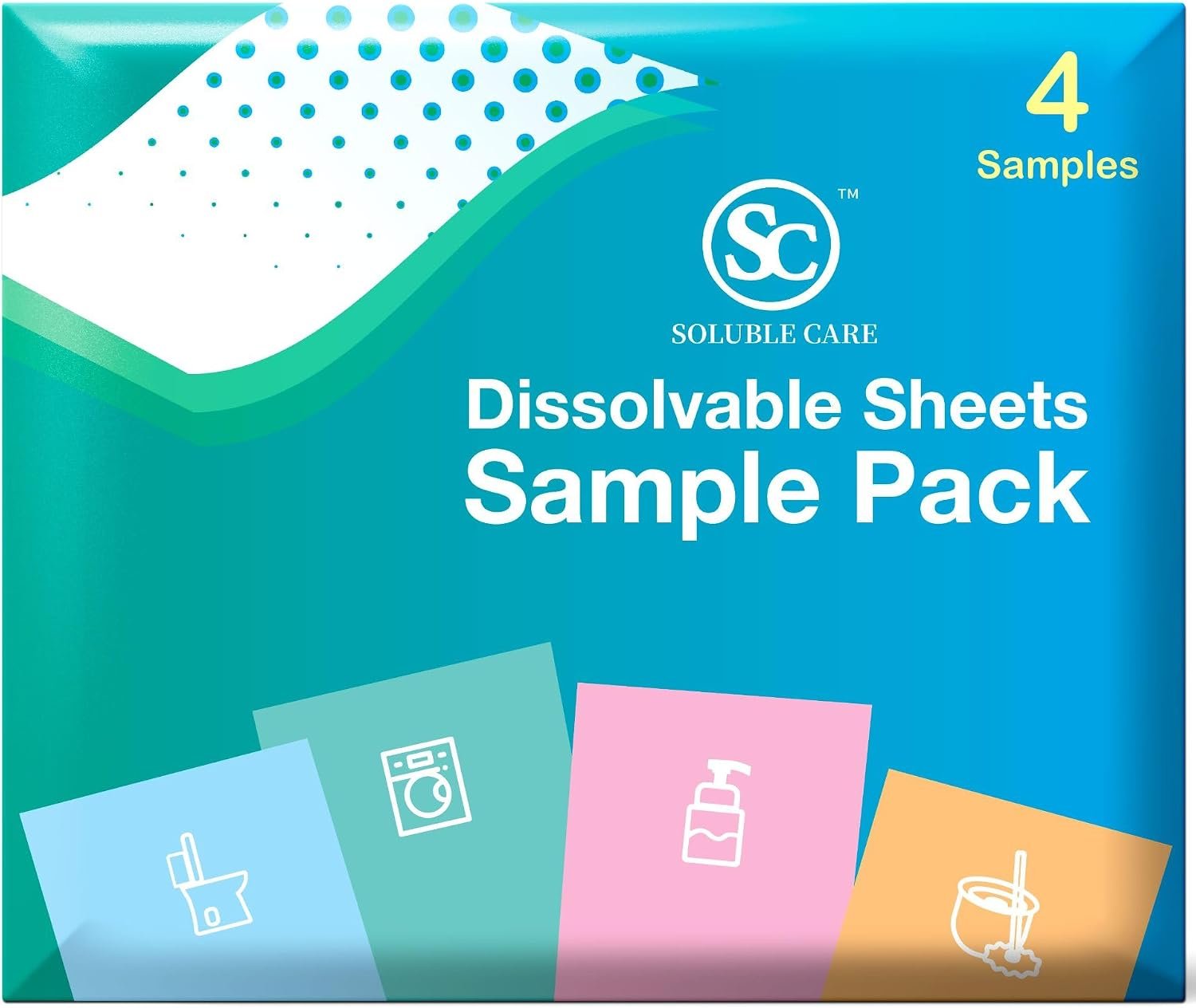 Sample Pack: Concentrated Dissolvable Cleaning Sheets | 1 Laundry, 1 Toilet Cleaner, 1 Floor Cleaner, & 1 Foaming Hand Soap Sheet, Compostable, and Sustainable Cleaning