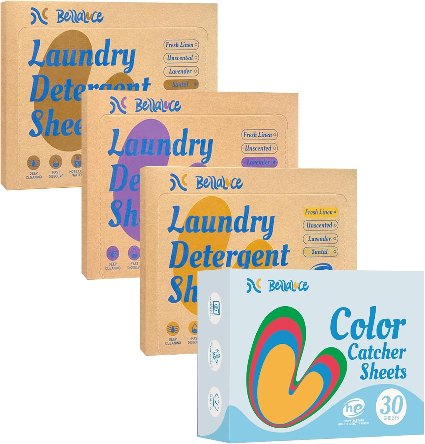 BellaLuce Laundry Detergent Sheets 96 Loads, with 30 Color Catchers | 3 Scents: Fresh Linen, Lavender & Sandalwood, Plastic-Free, Hypoallergenic, Color Bleeding Protection