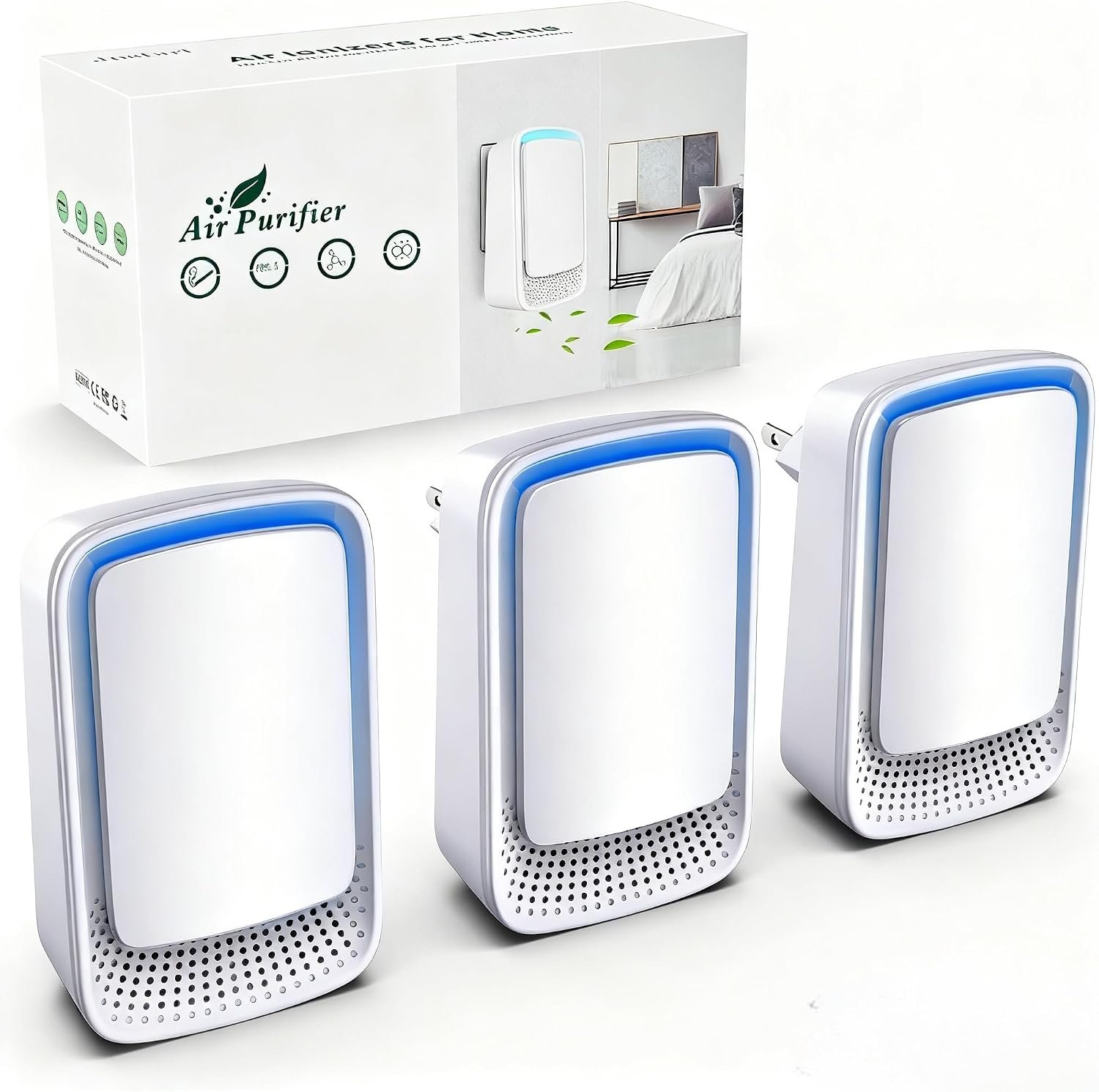 Air Ionizers for Home (3 Pack), Negative Ion Generator, Quiet Air Freshener for Bedroom, Office, Kitchen, Portable Air Filter Odor, Smoke Dust, Pets, Eliminator, Mini Air Cleaner