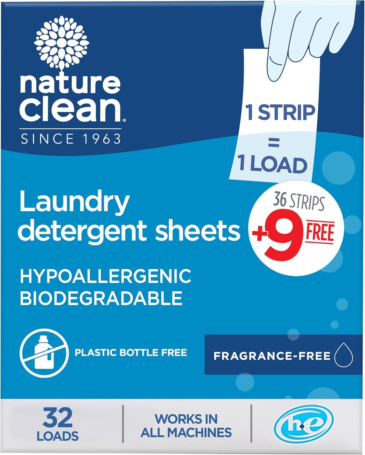Nature Clean Non-Toxic Plastic-Free Packaging Natural Laundry Detergent Sheets Unscented 32 counts, Fragrance Free, Eco Friendly Hypoallergenic Biodegradable Laundry Strips Travel Laundry Soap Sheets