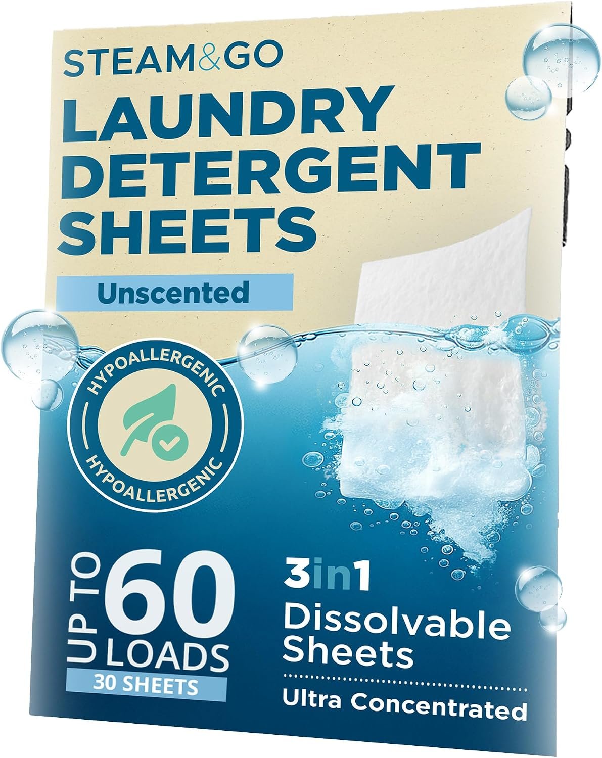 Steam & Go 3-in-1 Dissolvable Laundry Detergent Sheets – Hypoallergenic & Fragrance-Free – Unscented, 30 Count