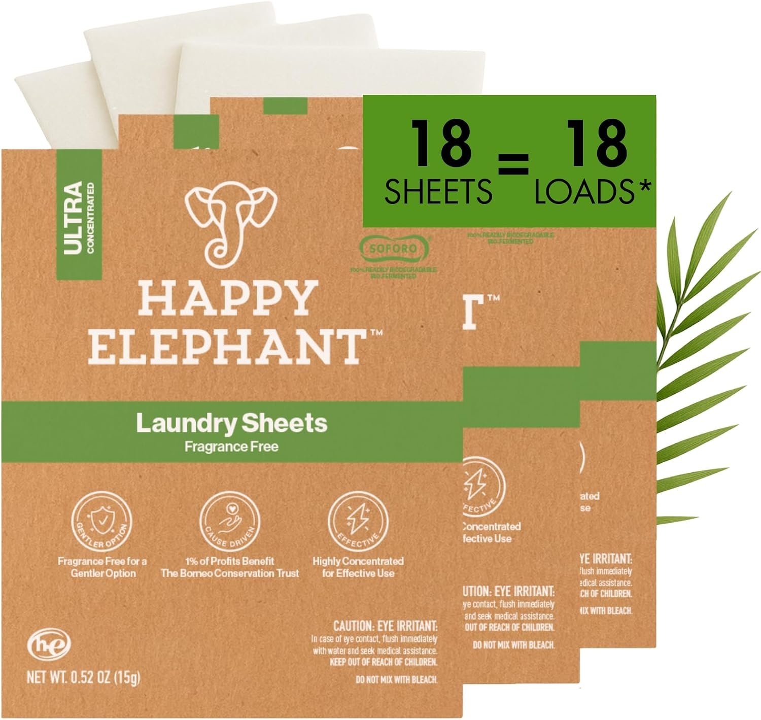 Happy Elephant Laundry Detergent Sheets, Fragrance Free, Natural Biodegradable Laundry Sheets, Plant Based, Tough on Stains, Gentle on Skin, Compatible with HE & Any Washing Machine, 6 Sheet, 3 Pack