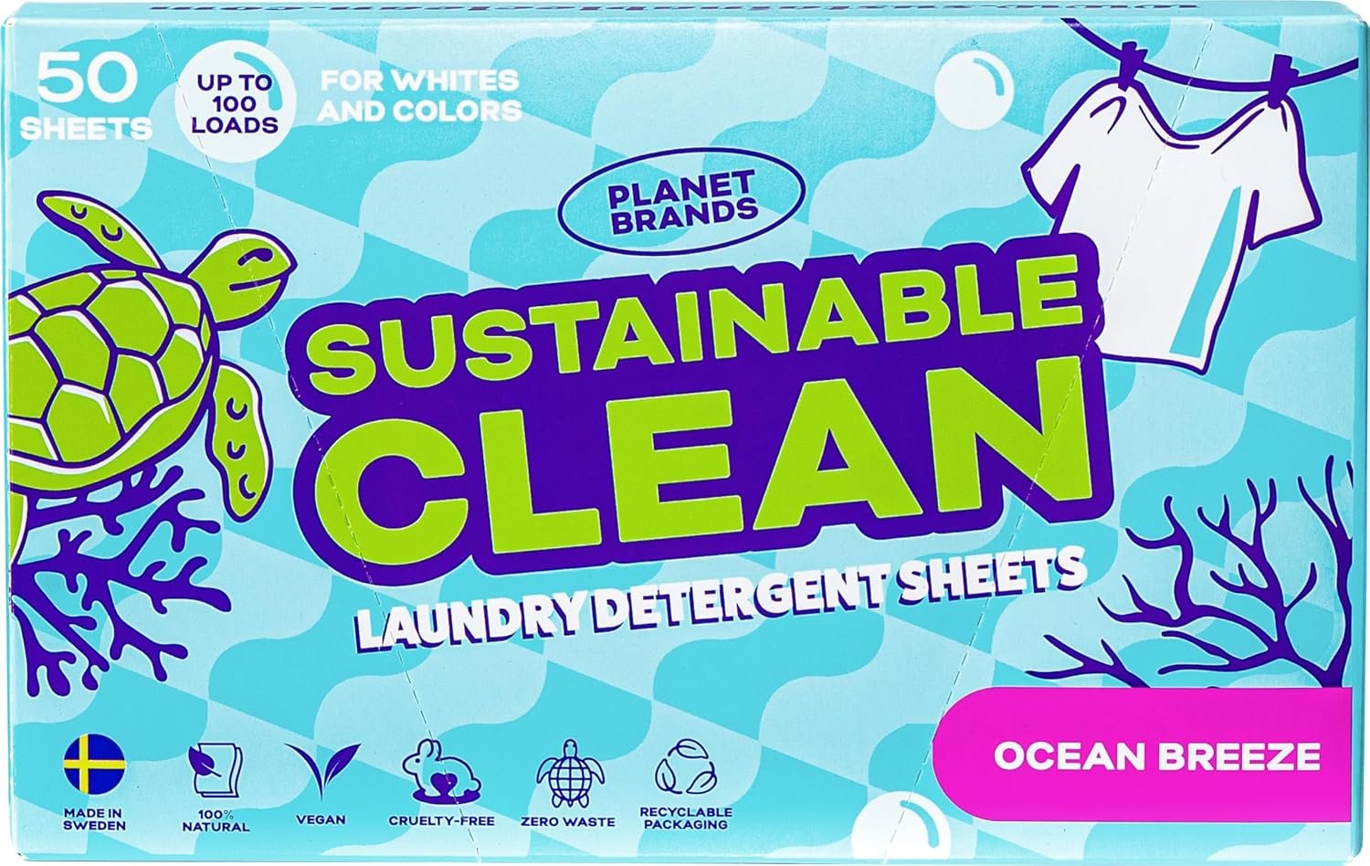 Laundry Detergent Sheets – Made in Sweden, Up to 100 loads 50 Sheets, Sustainable Clean Liquidless Technology, Dissolves Instantly, No Harsh Chemicals, Eco-Friendly. (Ocean Breeze)