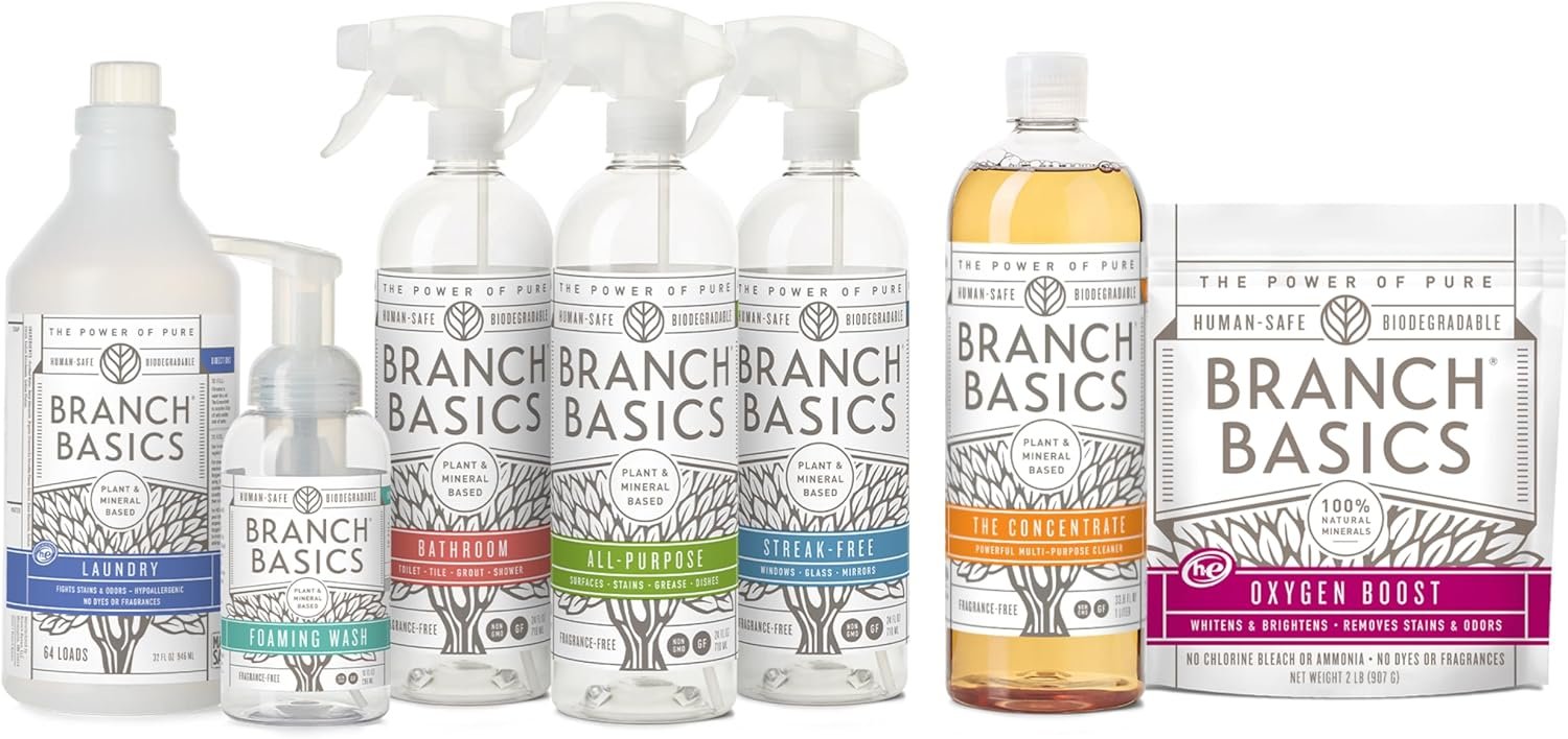 Branch Basics Premium Kit: All-Purpose, Glass, Bathroom, Hand Wash, Laundry | Refillable Plastic Bottles + Concentrate, Oxygen Boost. Fragrance-Free, Human-Safe, Plant-Based Formulas