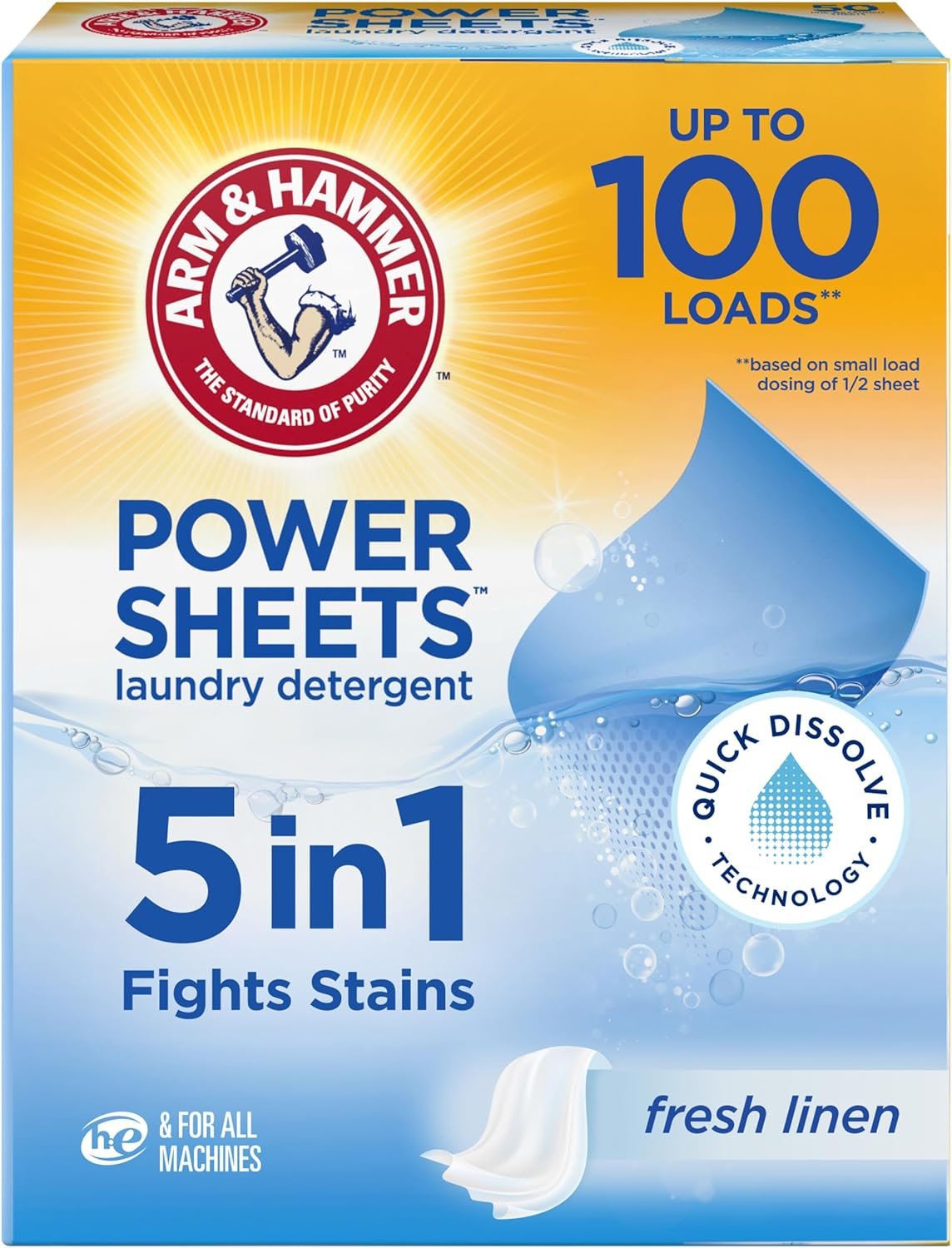 ARM & HAMMER 5-in-1 Power Sheets Laundry Detergent, Fresh Linen, 50 Count | Quick-Dissolve Sheets, Up to 100 Small Loads, Pre-Measured, 99% Less Water, Zero Plastic Bottle Waste